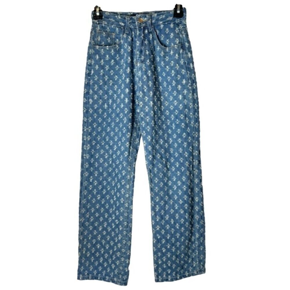 Cider Jeans Women XS Blue Medium Wash Dotted Distressed Pattern Straight Leg‎